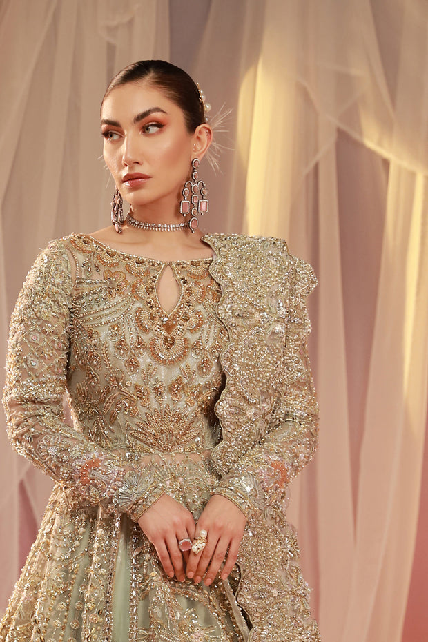 Ice Blue Organza Pakistani Bridal Dress with Lotus Embroidery