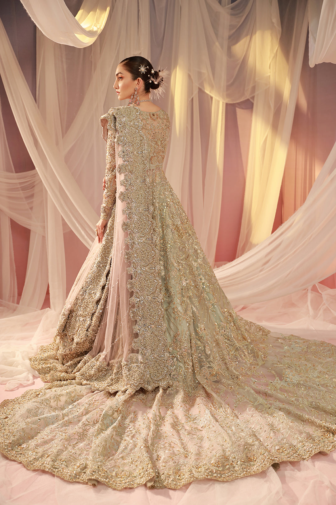 Ice Blue Organza Pakistani Bridal Dress with Lotus Embroidery