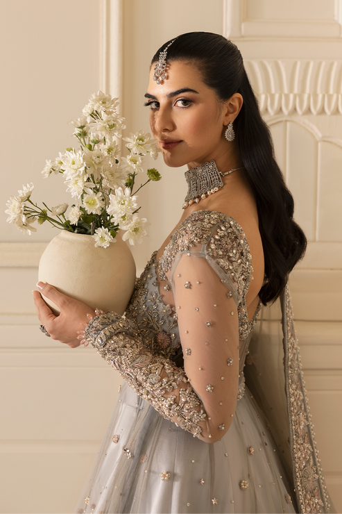 Pastel Blue Pakistani Bridal Dress in Gown Lehenga Style