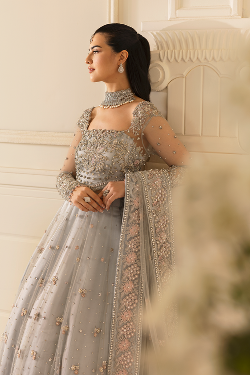 Pastel Blue Pakistani Bridal Dress in Gown Lehnga Style Online