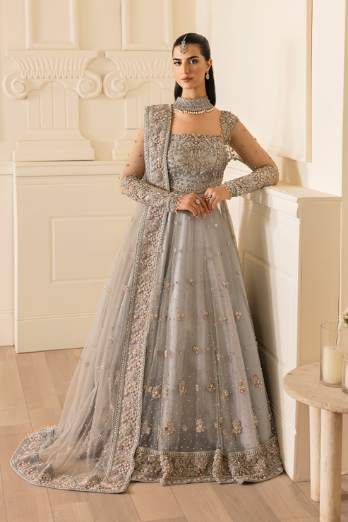 Pastel Blue Pakistani Bridal Dress in Gown Lehenga Style