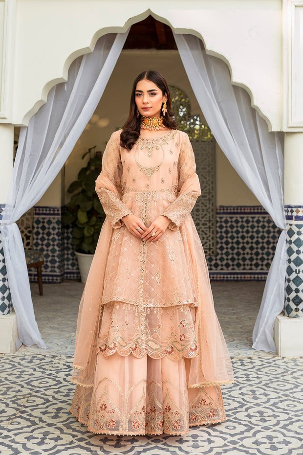 Peach Embroidered Double Layered Pishwas Pakistani Wedding Dress