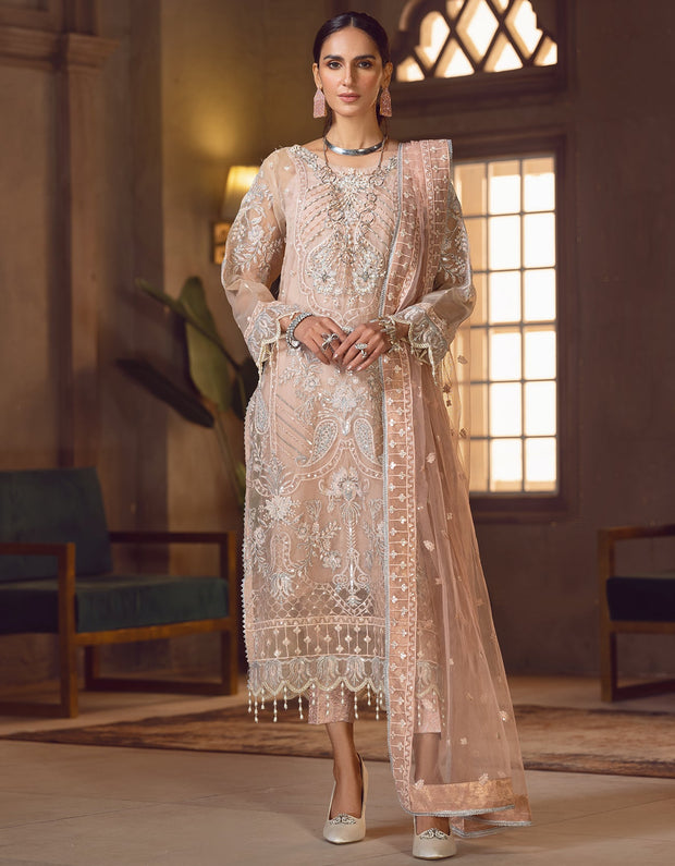 Peach Heavily Embroidered Long Pakistani Kameez Salwar Suit Dupatta