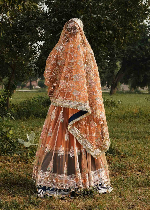 Peach Pakistani Wedding Dress in Open Gown and Lehenga Style