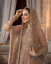 Peach Pink Embroiered Pakistani Bridal Wear in Luxury Pishwas Lehenga Style