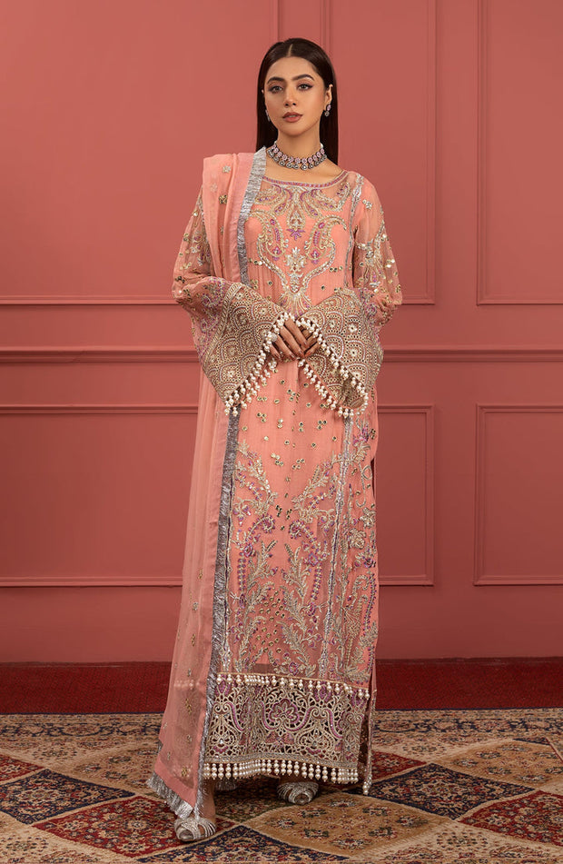 Peach Pink Heavily Embroidered Pakistani Salwar Kameez Party Wear
