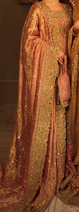 Peach Pink Long Kameez Lehenga Pakistani Bridal Dress