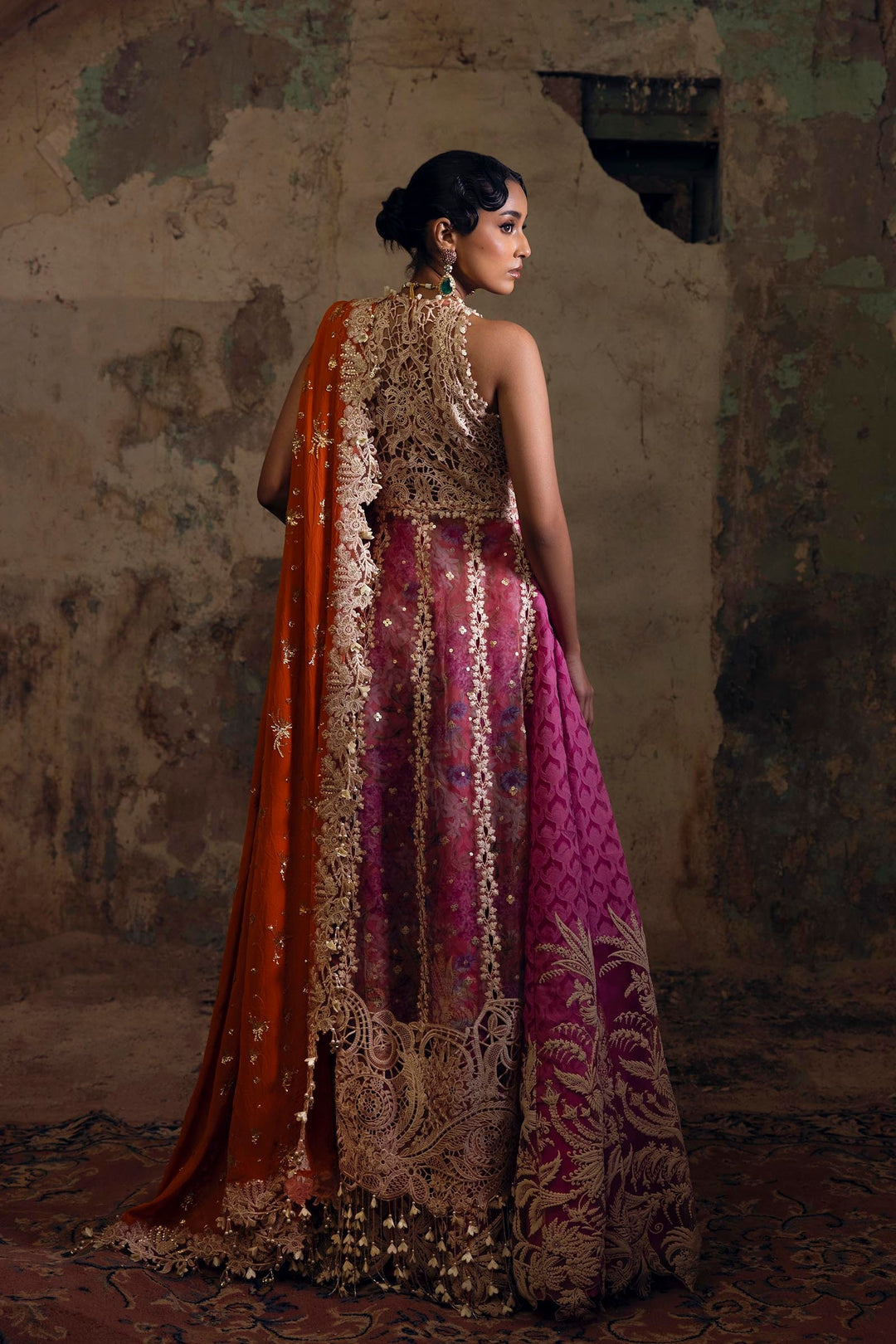 Peach & Fuchsia Embroidered Pakistani Party Dress