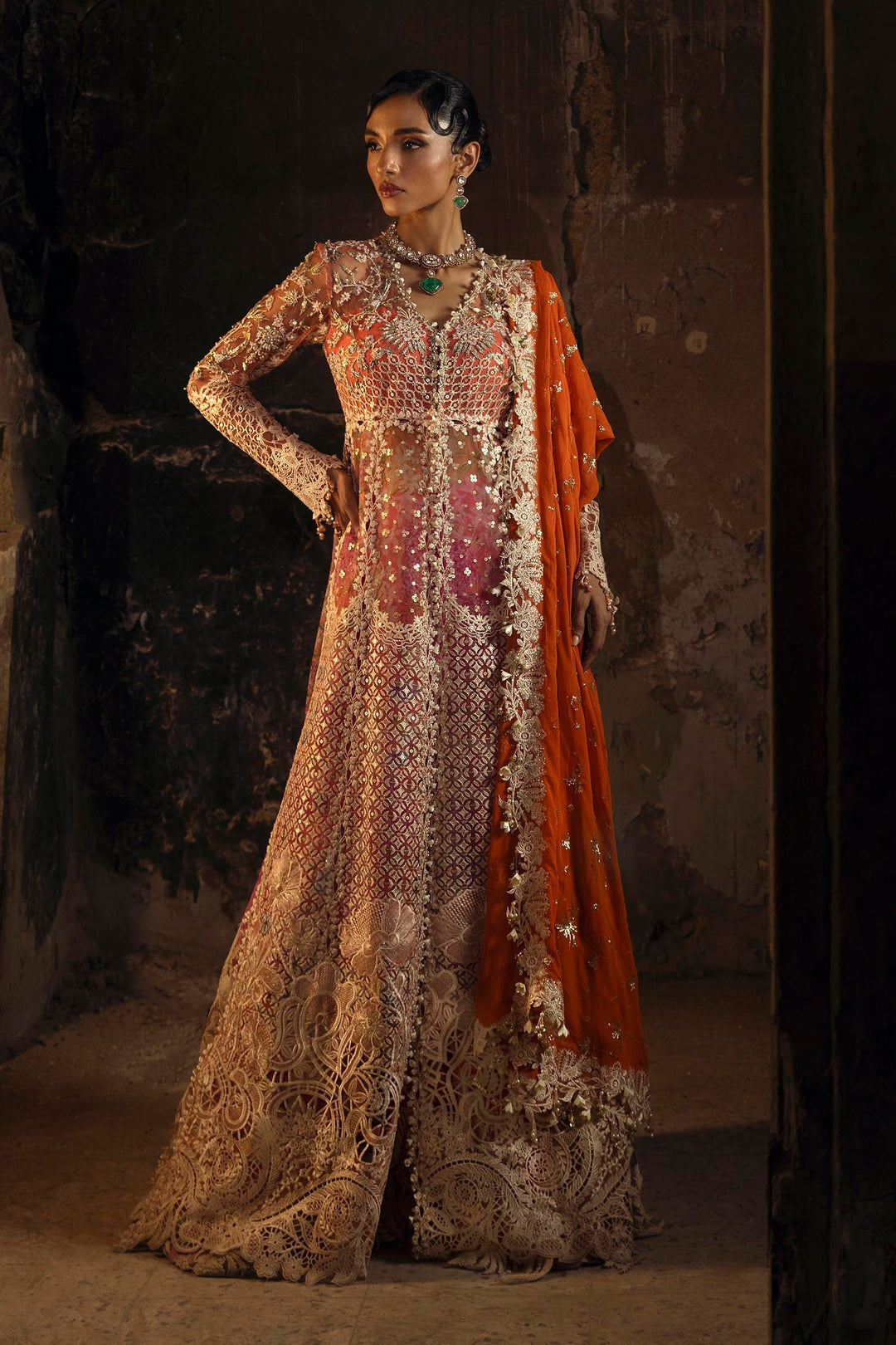 Peach & Fuchsia Embroidered Pakistani Party Dress