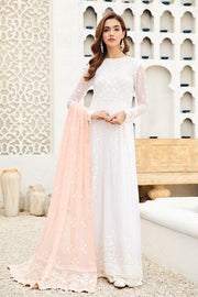 Pearl White Pakistani Embroidered Long Frock with Peach Dupatta