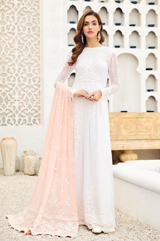 Pearl White Pakistani Embroidered Long Frock with Peach Dupatta