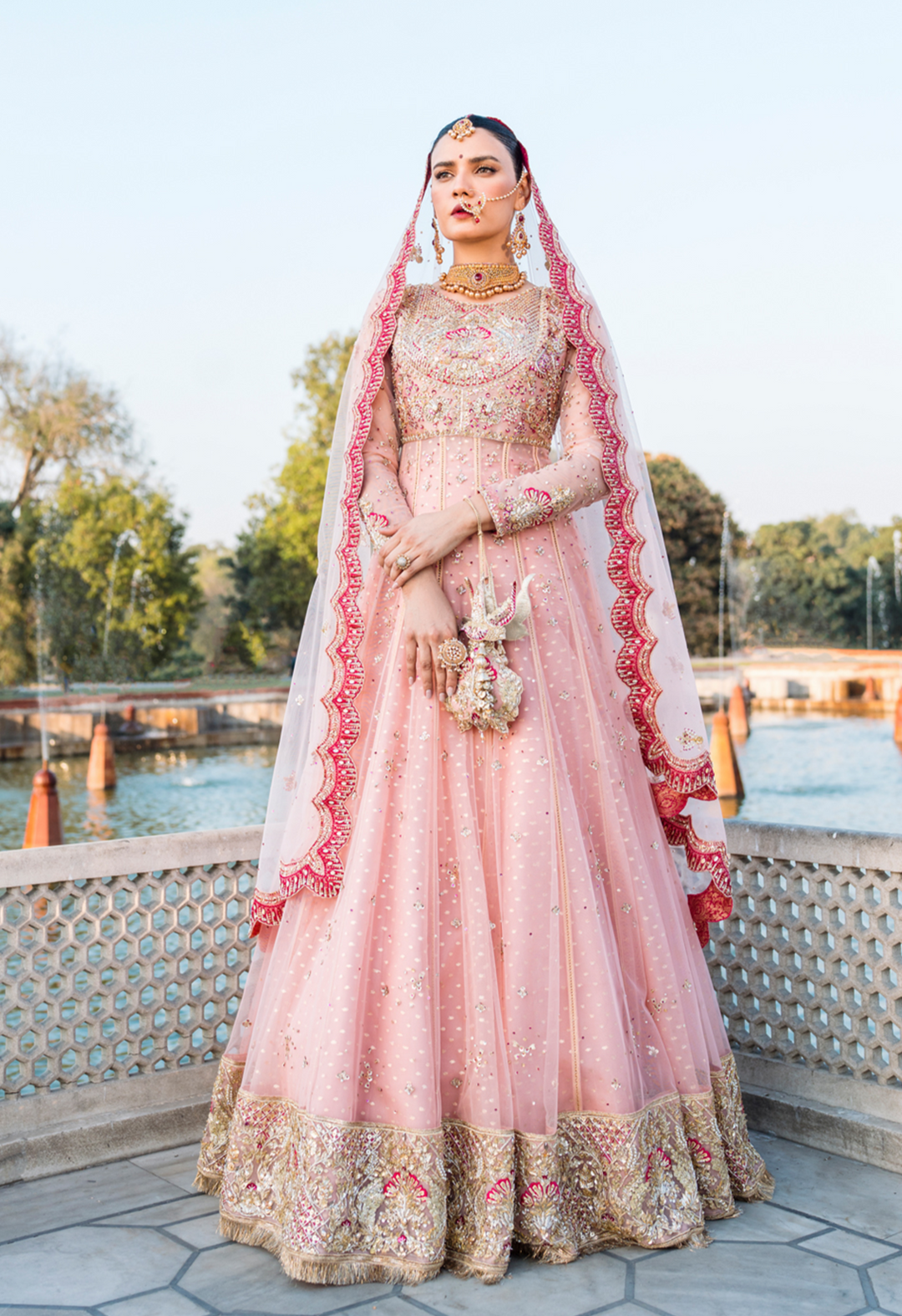 Pink Pakistani Bridal Dress in Frock and Lehenga Style LARGE
