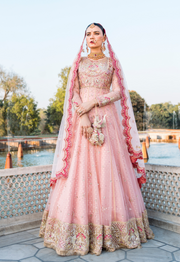 Pink Pakistani Bridal Dress in Frock and Lehenga Style