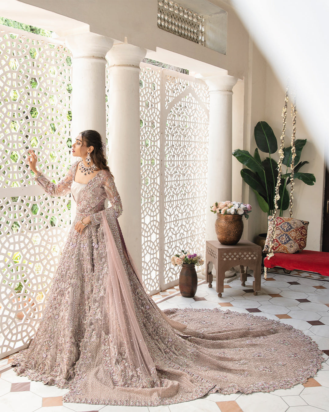 Premium Pink Pakistani Bridal Dress with Long Tail Style