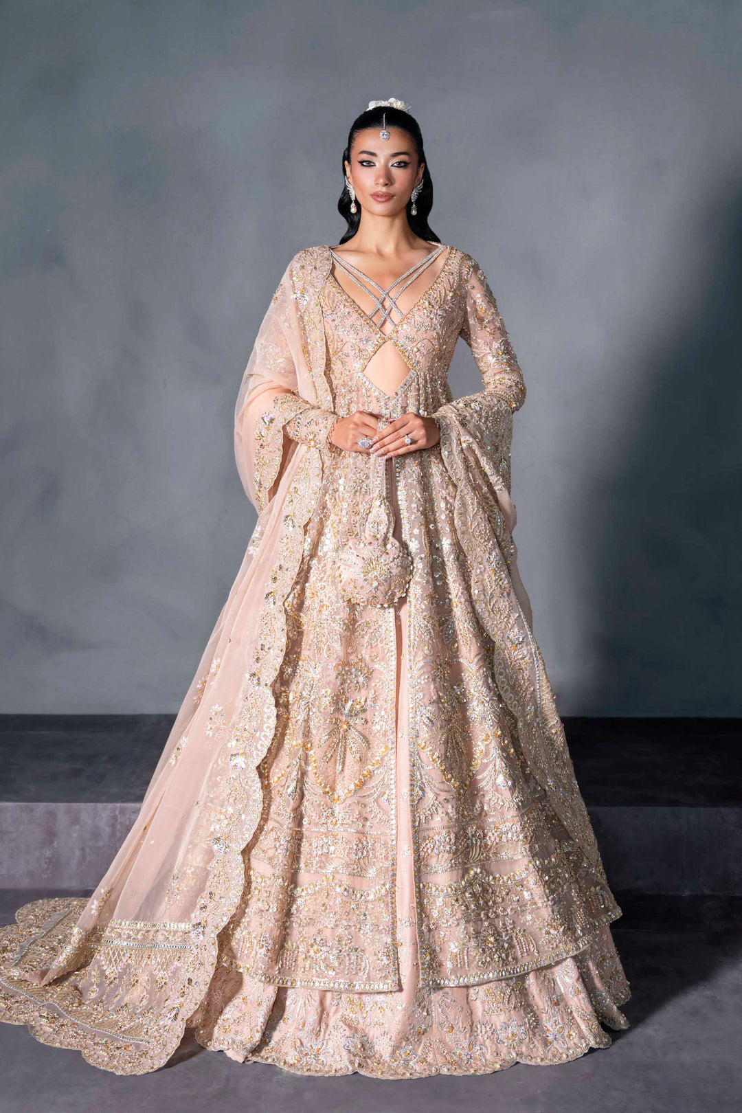 Stunning Pink Pakistani Bridal Dress in Gown Lehenga Style