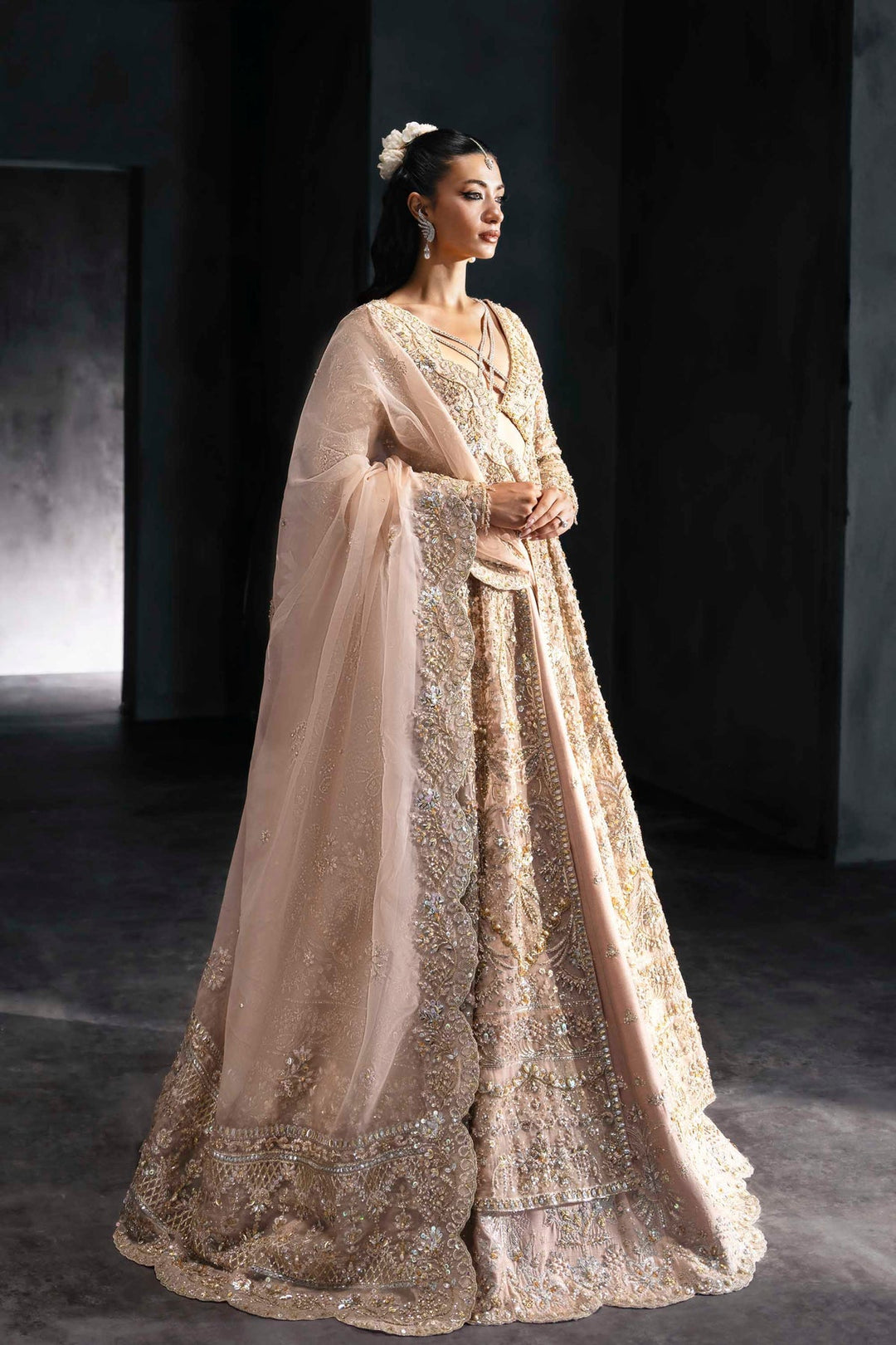 Stunning Pink Pakistani Bridal Dress in Gown Lehenga Style