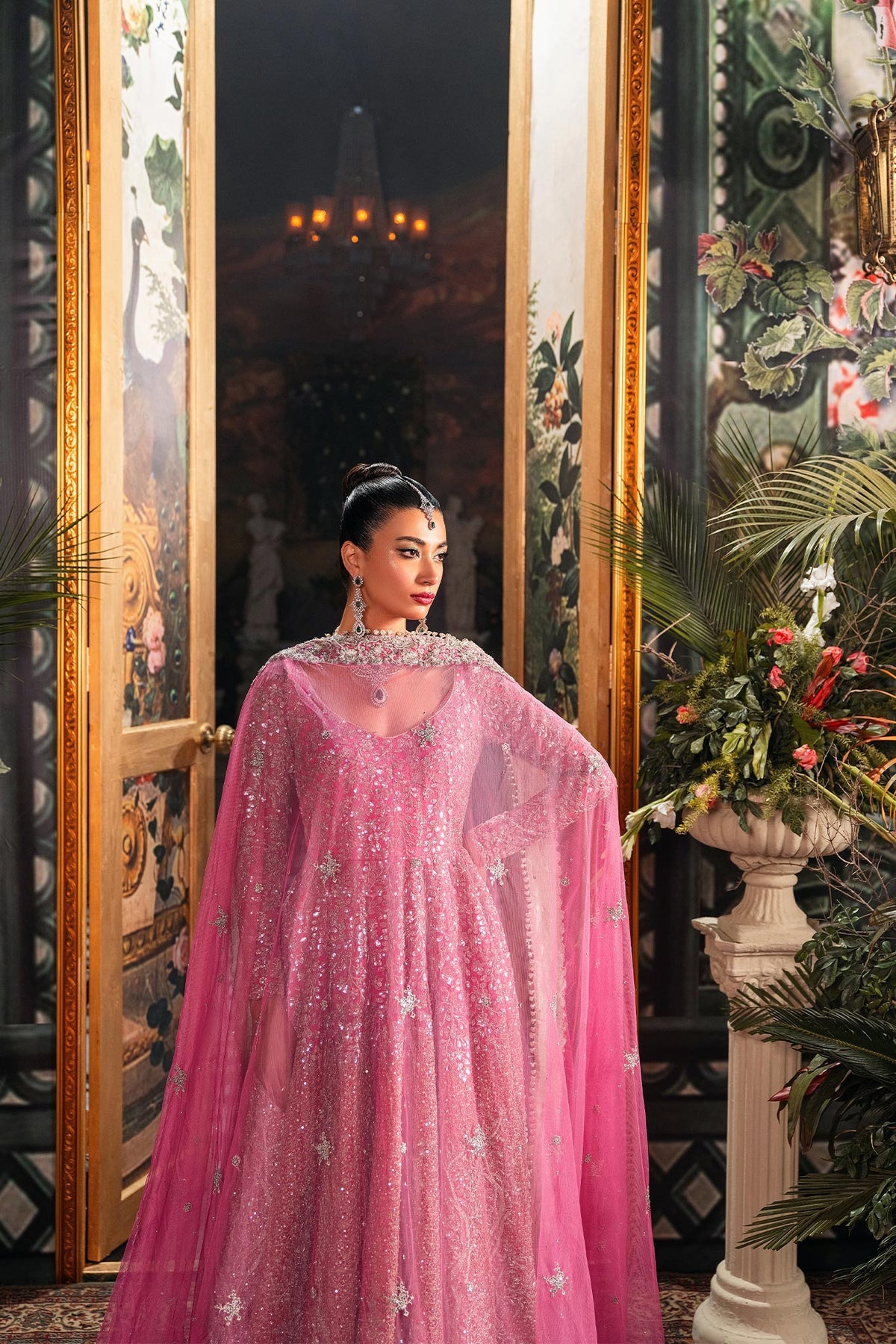 Pink Pakistani Bridal Dress in Pishwas Frock Style – Nameera by Farooq