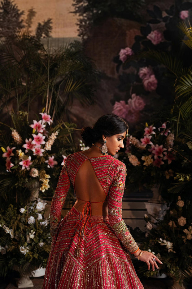 Pink Pakistani Bridal Outfit in Choli Lehenga Style
