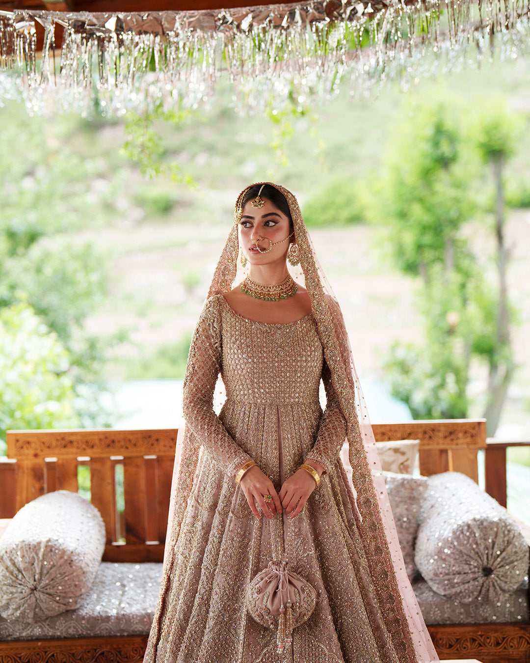 Pink Pakistani Bridal Outfit in Double-Layered Pishwas Style