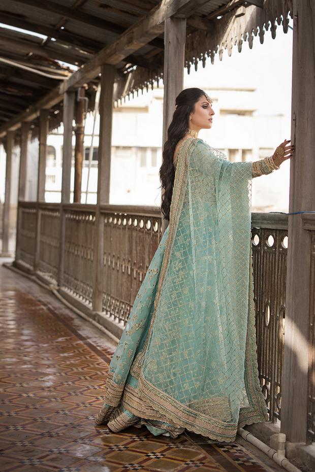 Pishwas Frock and Sharara Blue Pakistani Bridal Dress Online