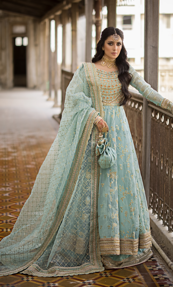 Pishwas Frock and Sharara Blue Pakistani Bridal Dress