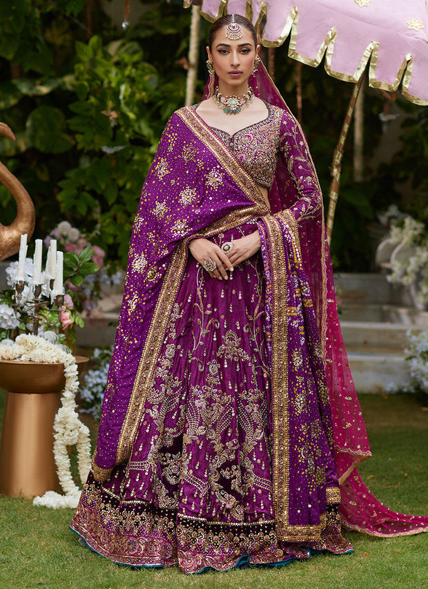 Plum Pakistani Bridal Dress Embellished Lehenga Choli Dupatta