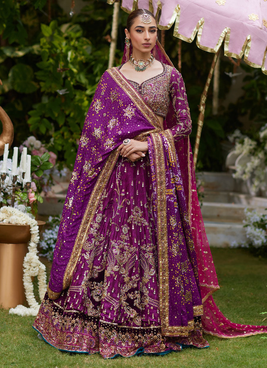 Plum Pakistani Bridal Dress Heavily Embellished Choli Dupatta
