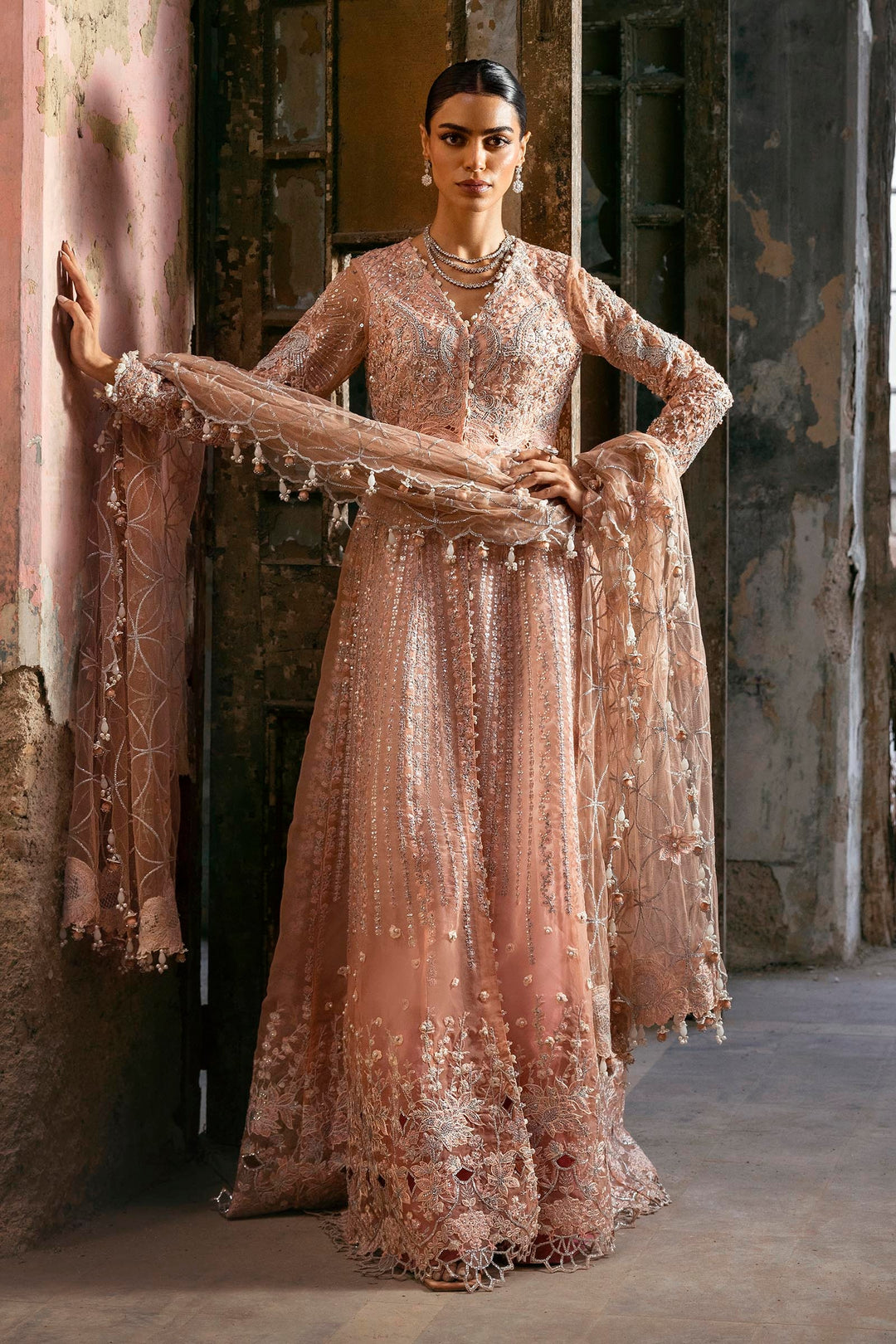 Powder Pink Embellished Organza Ensemble Pakistani Bridal Dress