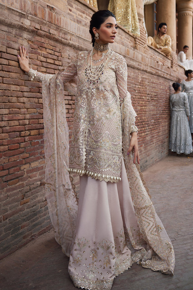 Powder Pink Embroidered Pakistani Party Wear Kameez Gharara Style