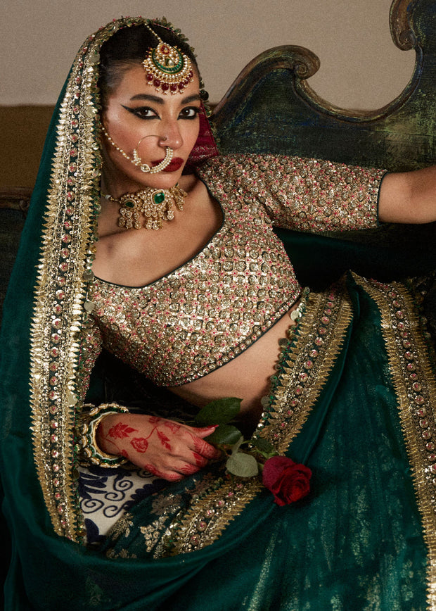 Premium Bridal Mehndi Dress in Green Lehenga and Choli Style