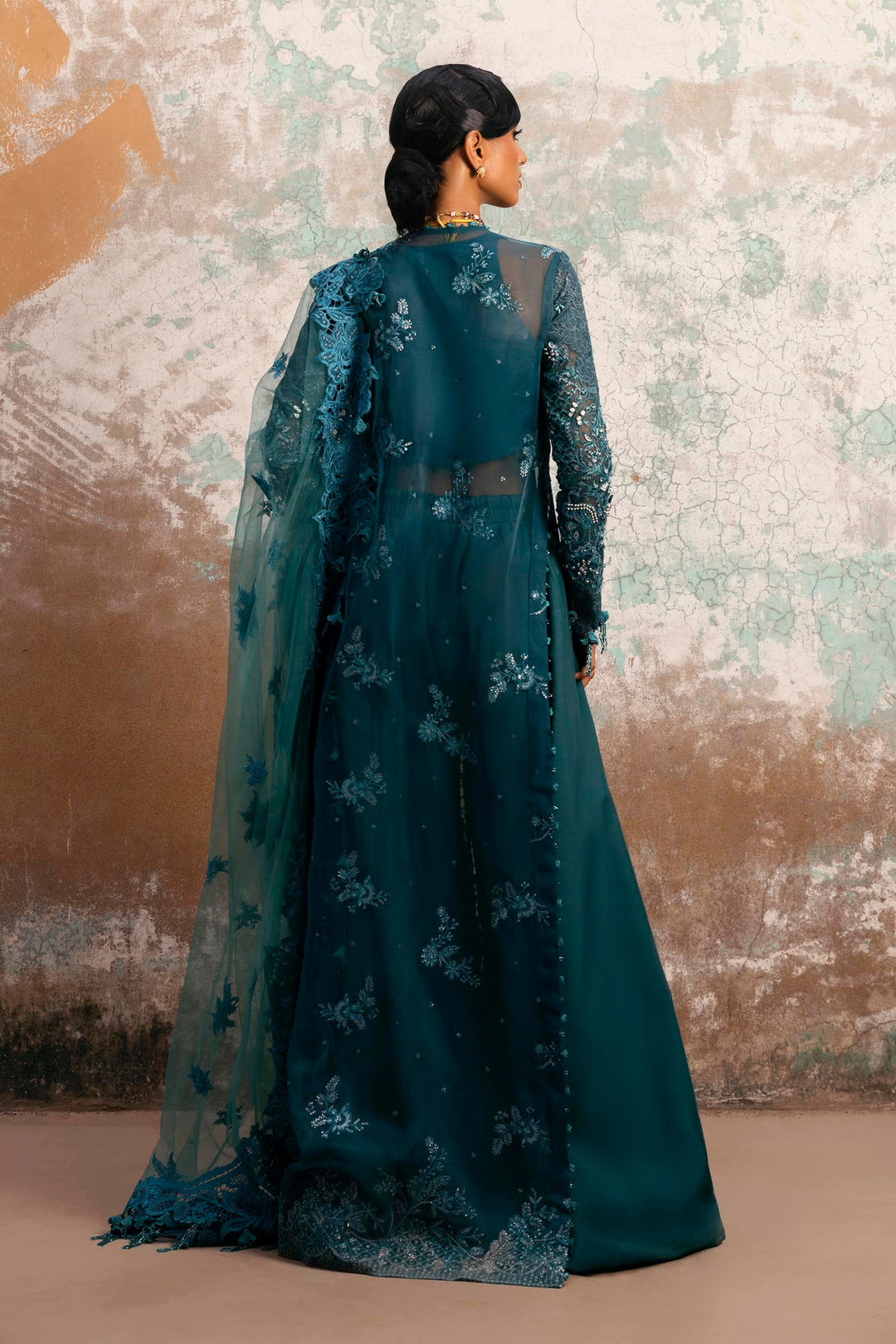 Embellished emerald green organza Pakistani Party Dress
