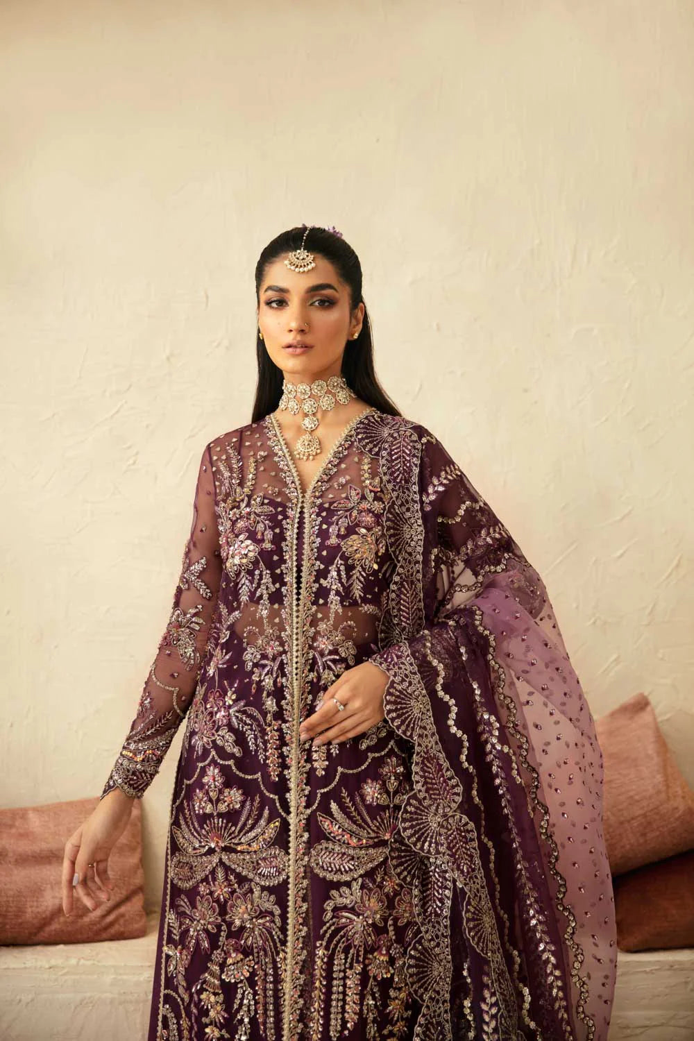 Premium Embroidered Pakistani Wedding Dress in Purple Color