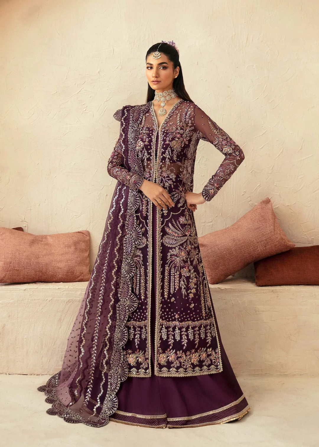 Premium Embroidered Pakistani Wedding Dress in Purple Color