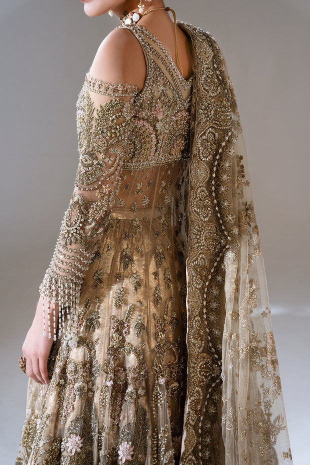 Premium Gold Pakistani Bridal Dress in Gown and Lehenga Style