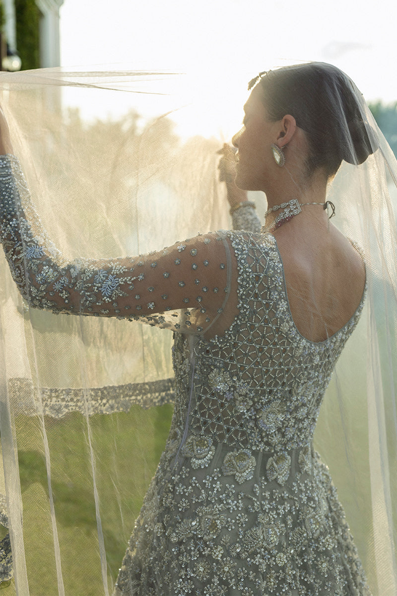 Premium Ice Blue Pakistani Bridal Dress in Gown Lehenga Style