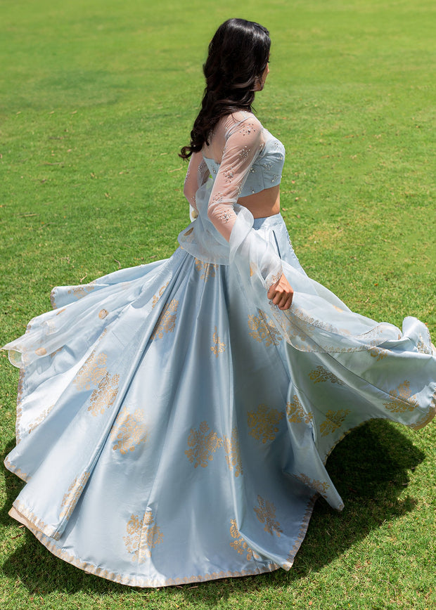 Indian Wedding Dress in Silk Blue Lehenga Choli Style Nameera by Farooq Indian Wedding Dress in Silk Blue Lehenga Choli Style Nameera by Farooq