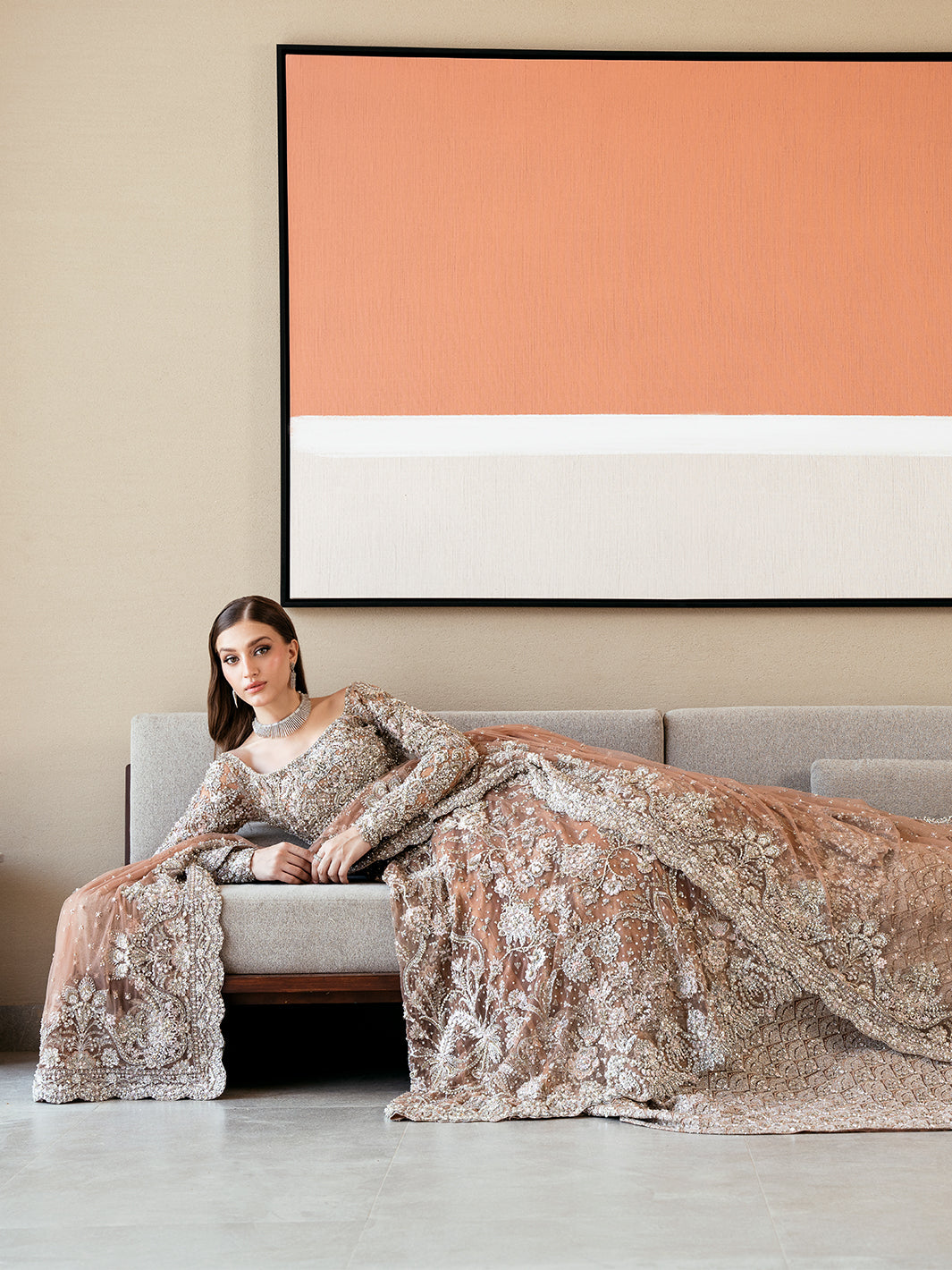 Elegant Ash Brown Pakistani Bridal Pishwas & Lehenga Set