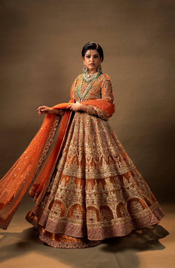 Premium Orange Pakistani Bridal Dress in Pishwas Lehenga Style
