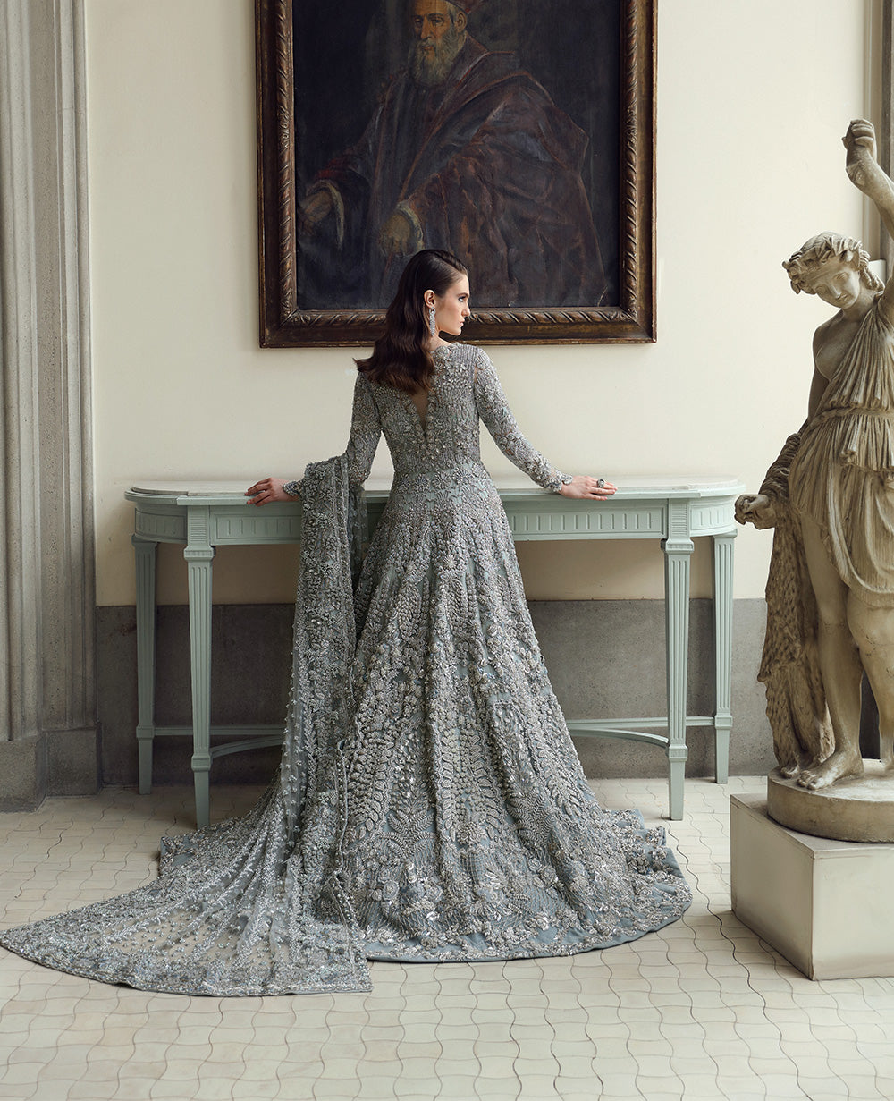 grey and blue pakistani dress Bridal in Gown Dupatta Style – Nameera by Farooq color-navy-blue