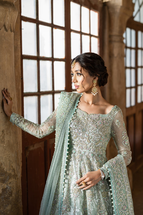 Premium Pakistani Bridal Dress in Blue Lehenga and Frock Style