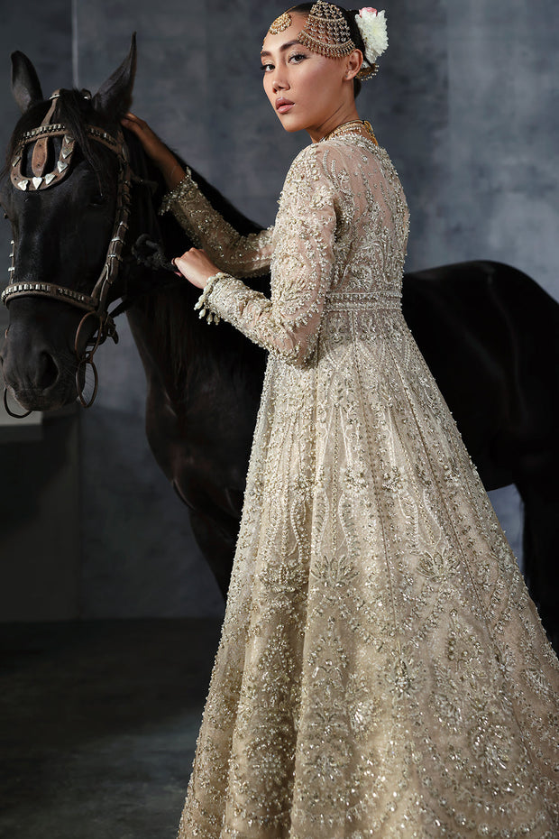 Premium Pakistani Bridal Dress in Gold Frock and Lehenga Style