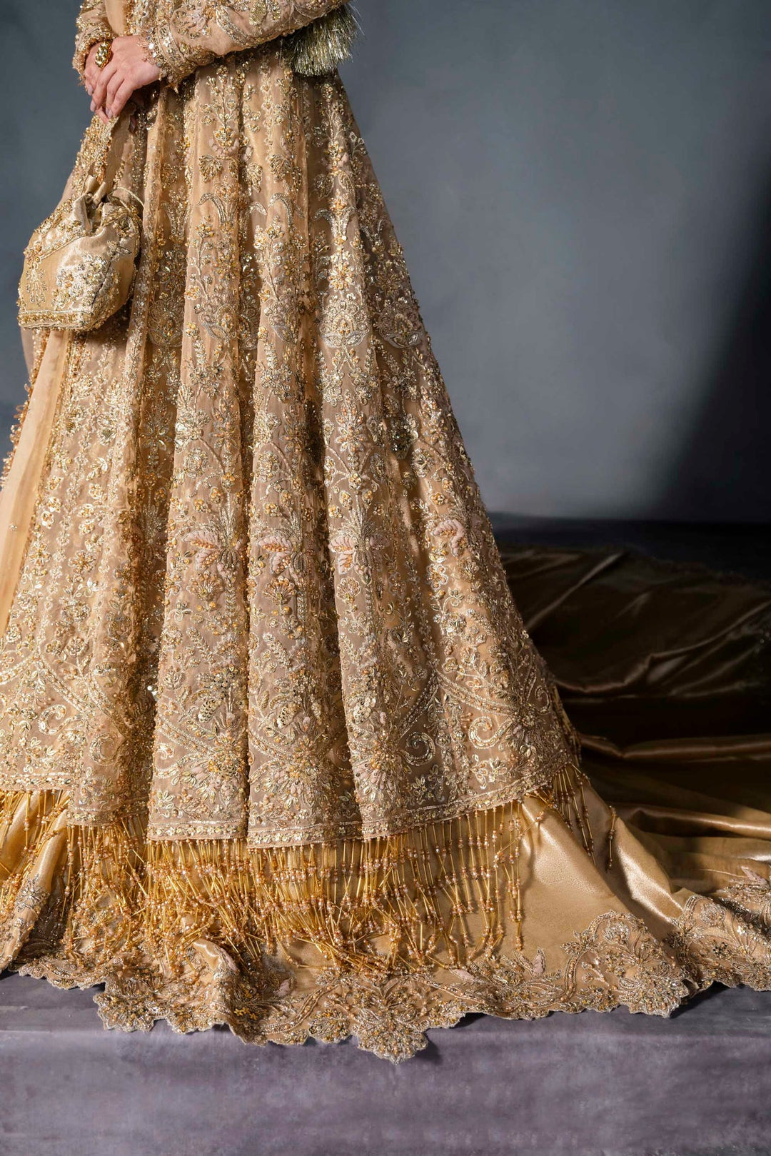 Premium Pakistani Bridal Dress in Gold Pishwas Lehenga Style