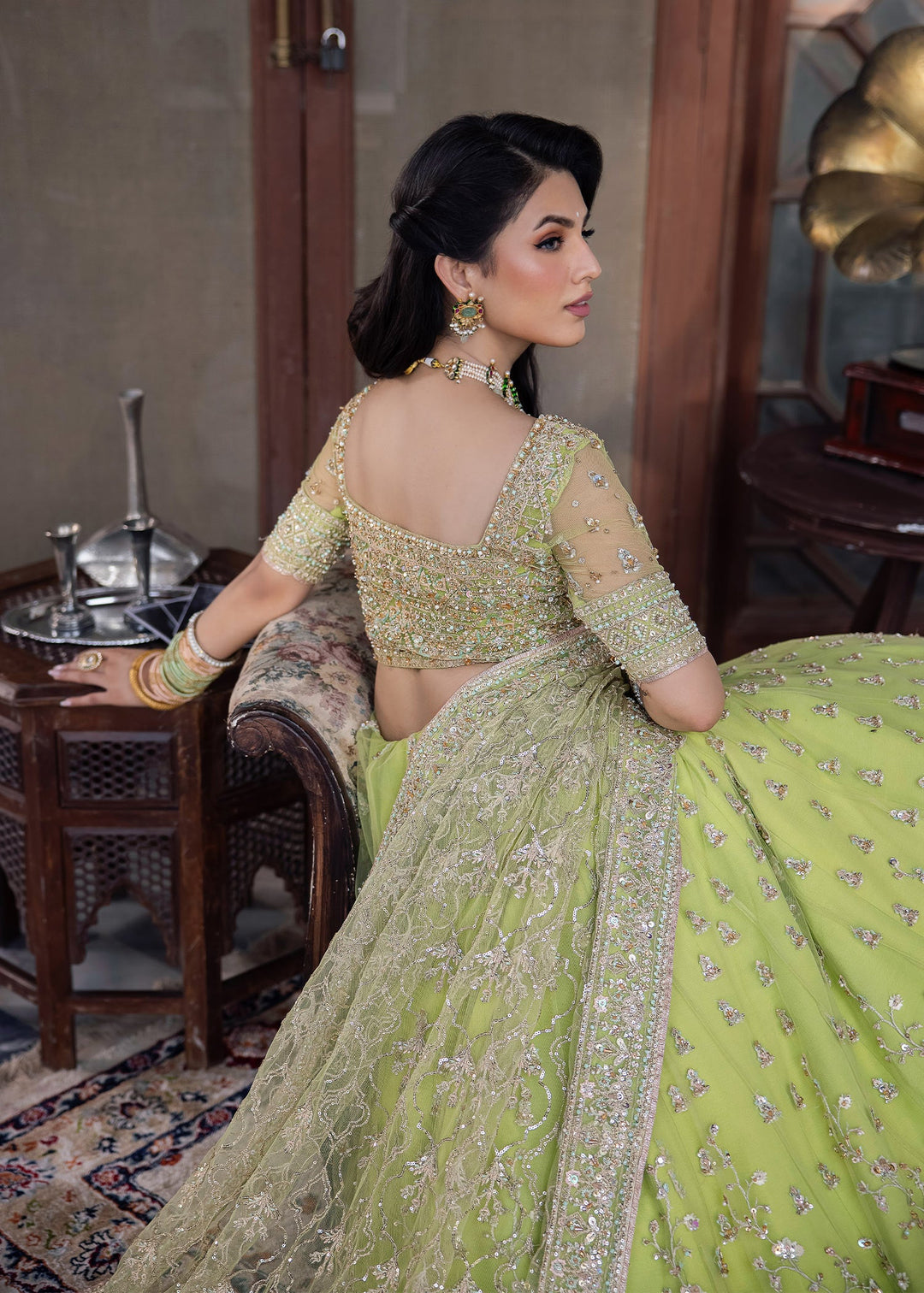 pakistani bridal dresses green Dress in Lehenga Choli Style – Nameera by Farooq Material: DENIM Bella Barnett Elisabeth Flowers with this beautiful and Plunge Length:Combo (Shallow + Moderate)