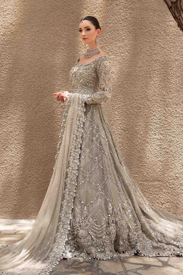 Pakistani Bridal Dress in Grey Gown and Dupatta Style – Nameera by Farooq