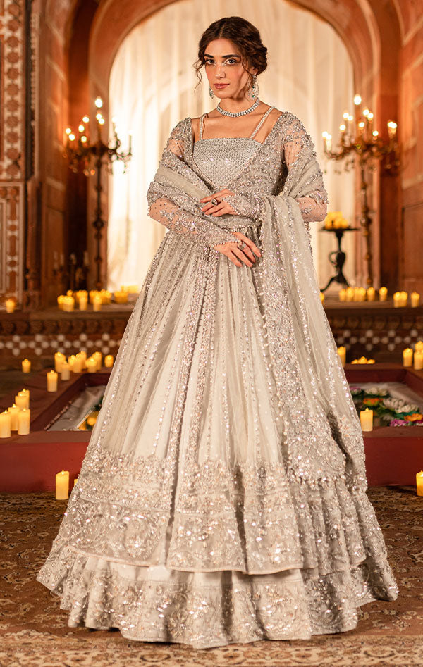 Premium Pakistani Bridal Dress in Grey Pishwas Lehenga Style