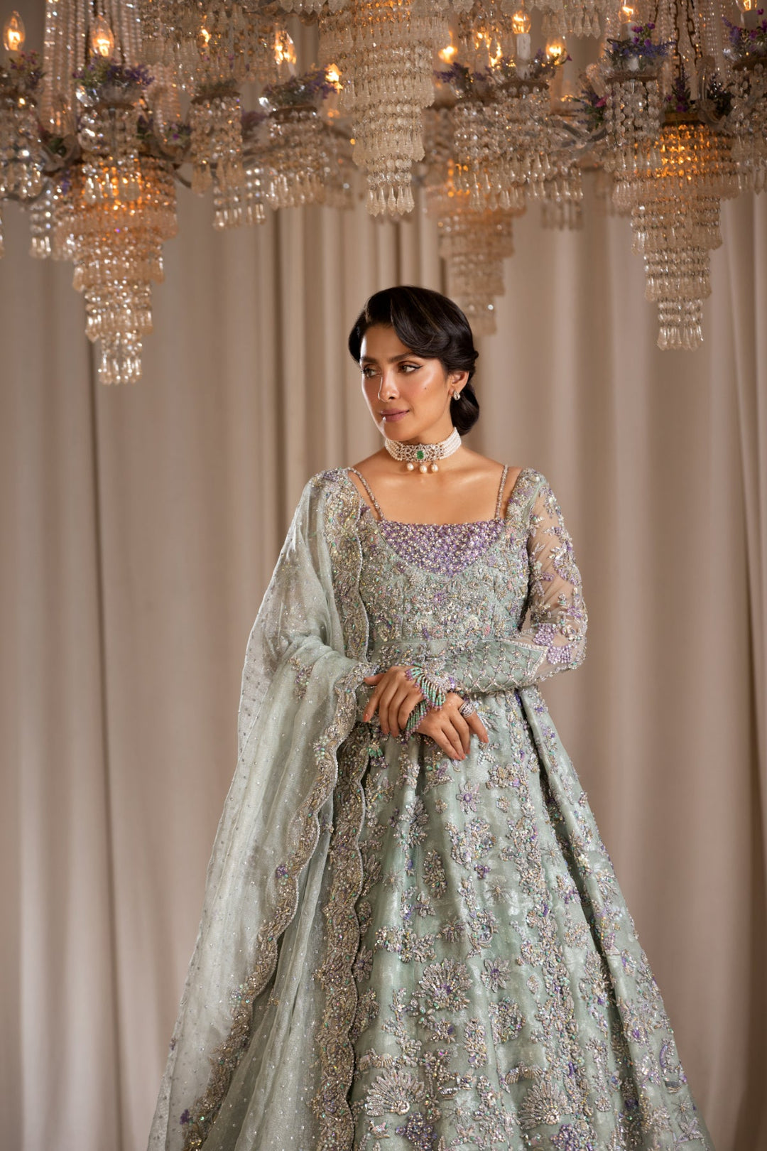 Premium Pakistani Bridal Dress in Mint Gown and Lehenga Style