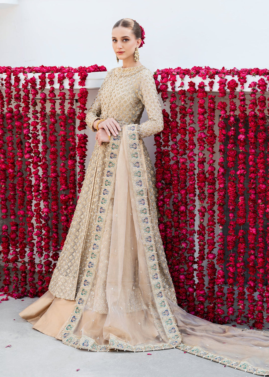 Premium Pakistani Bridal Dress in Open Gown and Lehenga Style