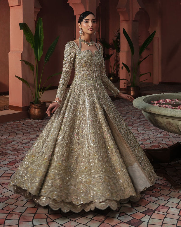 Premium Pakistani Bridal Dress in Open Gown and Lehenga Style