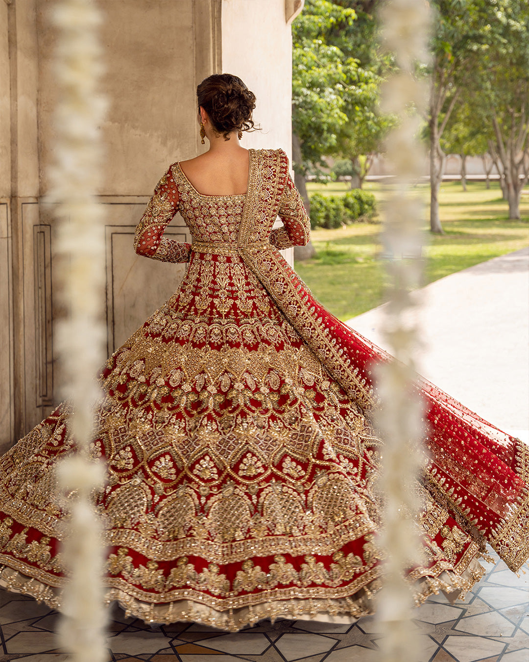 Pakistani Bridal Dress in Open Gown and Lehenga Style Nameera by Farooq