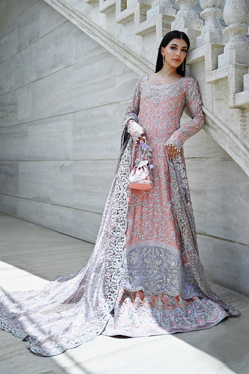 Peach Pakistani Bridal Dress with Lehenga Pishwas Style